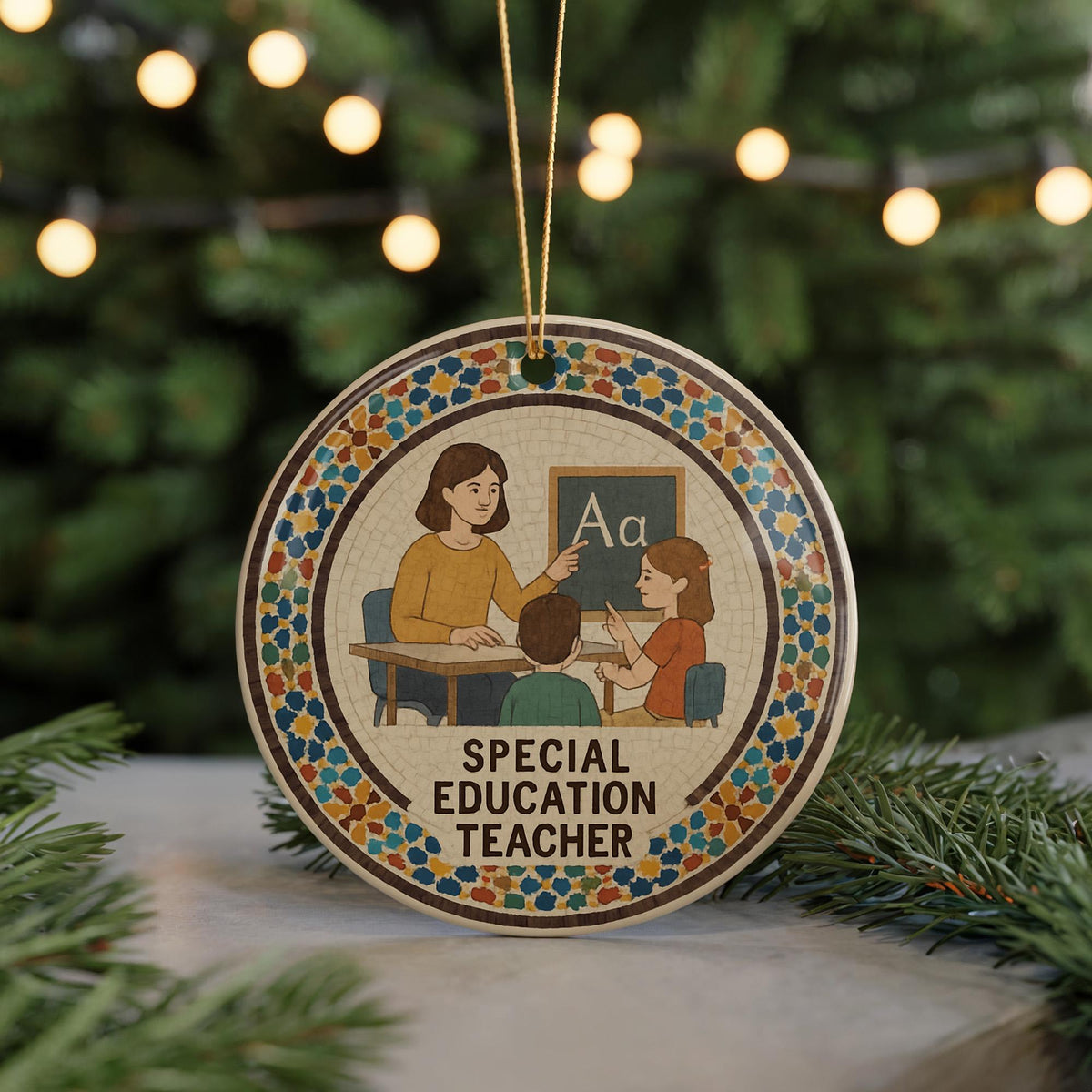 Special Education Teacher Ceramic Ornament with Moroccan Mosaic Medallion and Iconic Teaching Landmark Design — photo 5