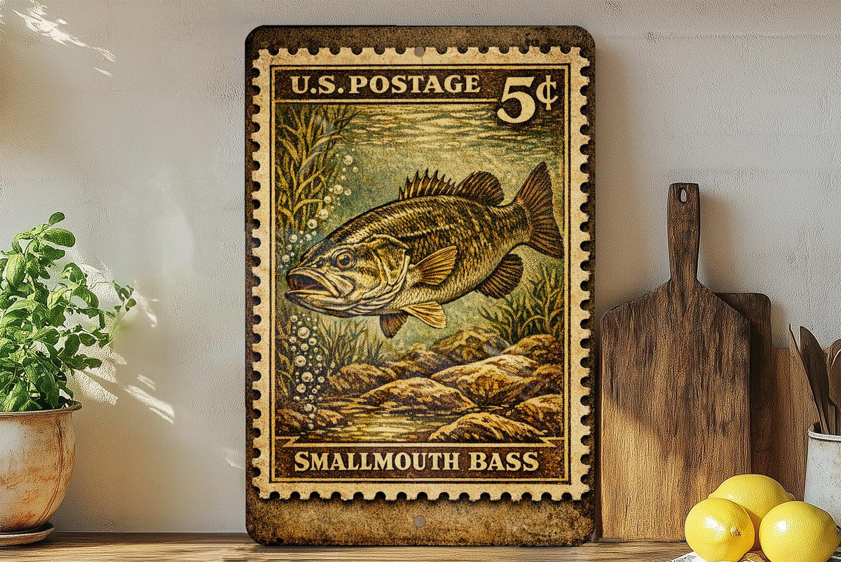 Smallmouth Bass Vintage Stamp Style Metal Sign, Fishing Cabin Decor, Angler Gift, Lake House Wall Sign — photo 2