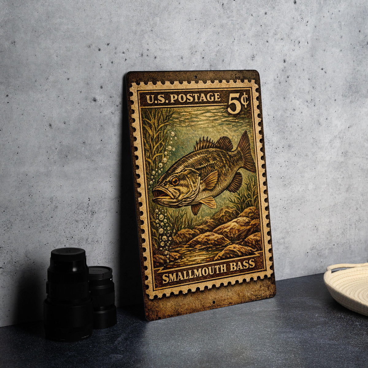 Smallmouth Bass Vintage Stamp Style Metal Sign, Fishing Cabin Decor, Angler Gift, Lake House Wall Sign — photo 4
