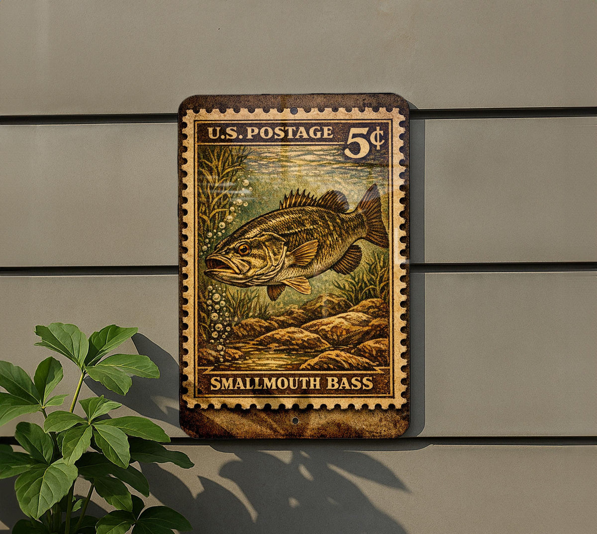 Smallmouth Bass Vintage Stamp Style Metal Sign, Fishing Cabin Decor, Angler Gift, Lake House Wall Sign — photo 5