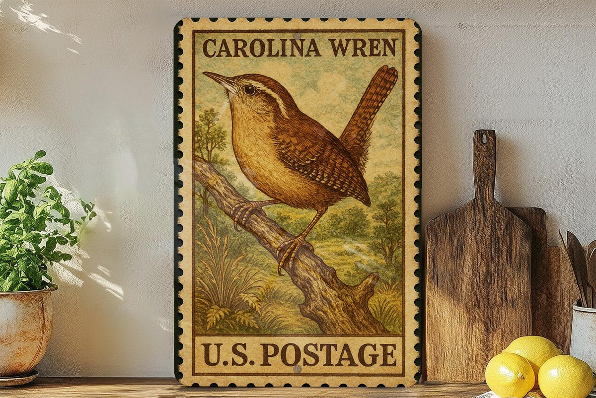 Carolina Wren Vintage Stamp Style Metal Sign, Backyard Bird Decor, Songbird Nature Wall Plaque, Bird Lover Gift — photo 2