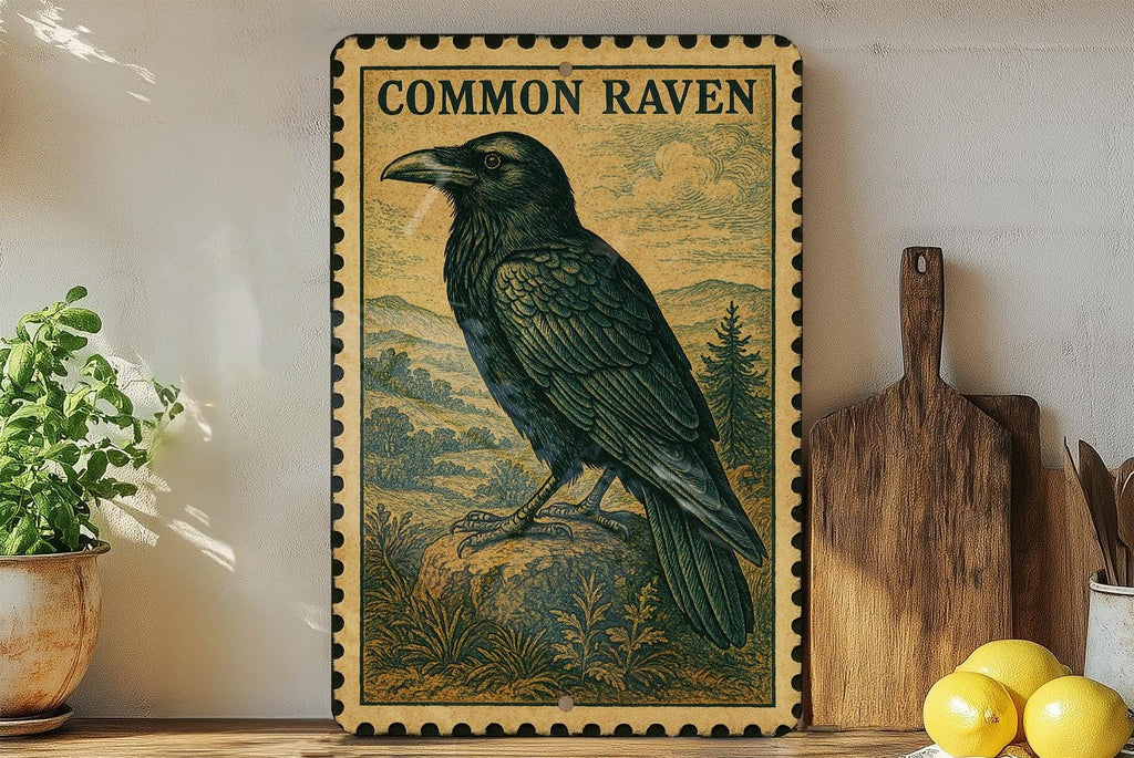 Common Raven Vintage Stamp Style Metal Sign, Raven Bird Wall Decor, Gothic Nature Wildlife Sign, Rustic Cabin Lodge Plaque — photo 1