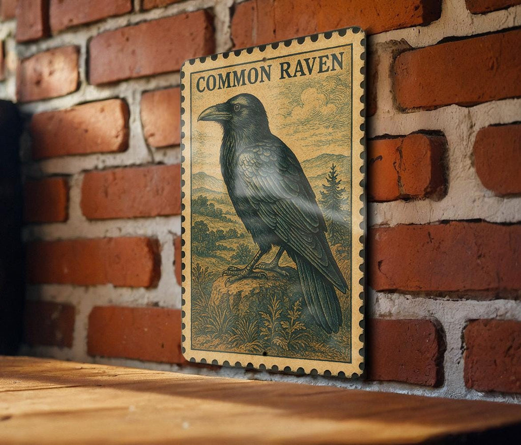 Common Raven Vintage Stamp Style Metal Sign, Raven Bird Wall Decor, Gothic Nature Wildlife Sign, Rustic Cabin Lodge Plaque — photo 2
