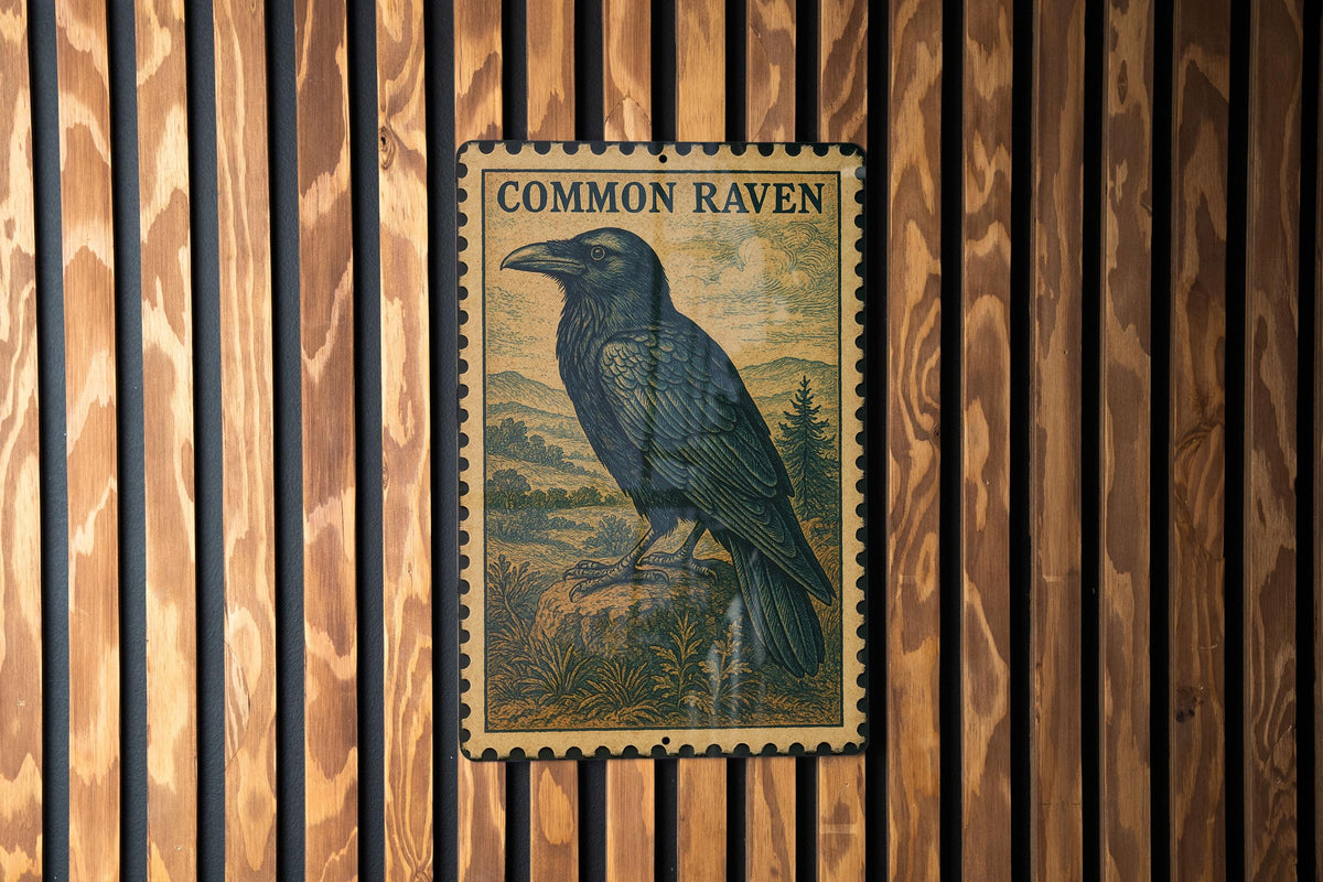 Common Raven Vintage Stamp Style Metal Sign, Raven Bird Wall Decor, Gothic Nature Wildlife Sign, Rustic Cabin Lodge Plaque — photo 3