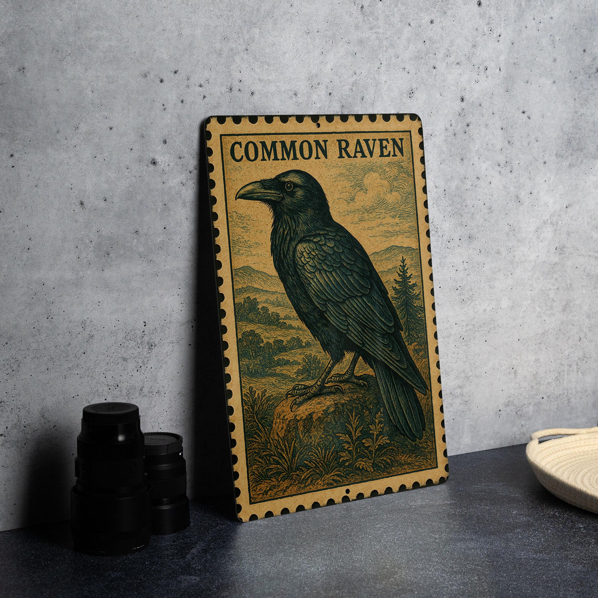 Common Raven Vintage Stamp Style Metal Sign, Raven Bird Wall Decor, Gothic Nature Wildlife Sign, Rustic Cabin Lodge Plaque — photo 4