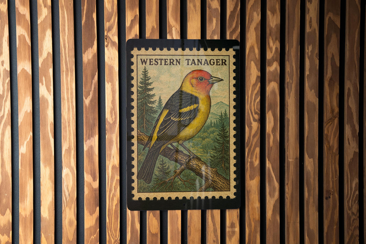 Western Tanager Vintage Stamp Style Metal Sign, Songbird Birdwatching Decor, Nature Cabin Lodge Wall Plaque — photo 1