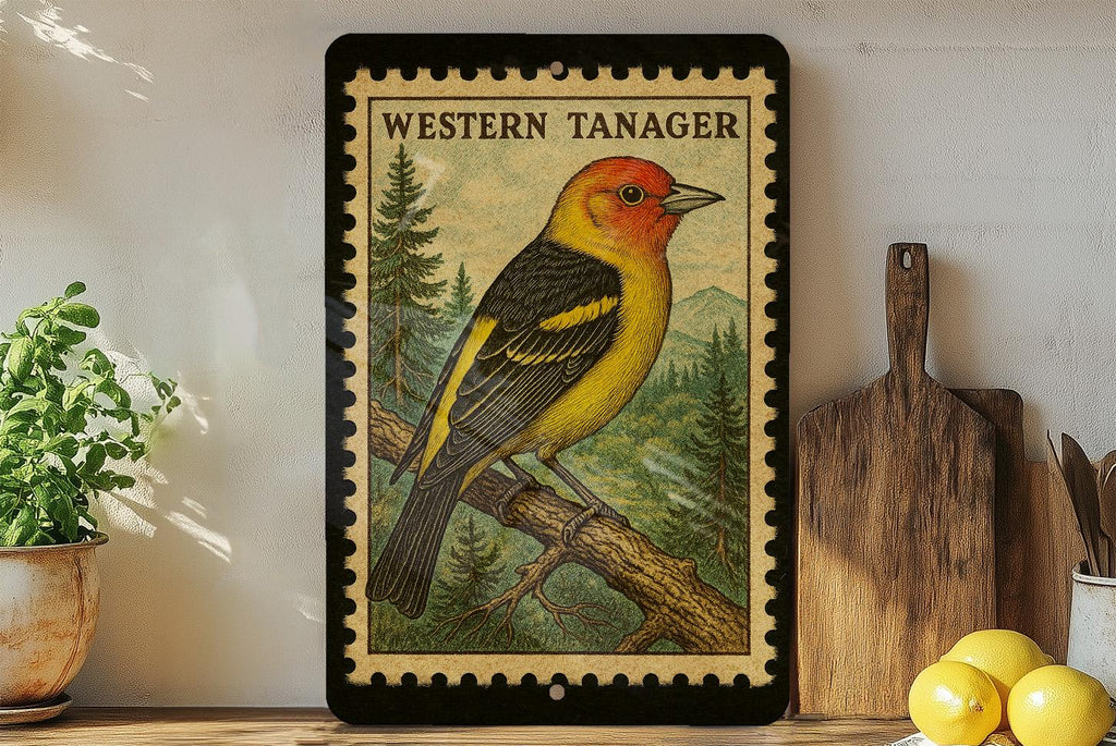Western Tanager Vintage Stamp Style Metal Sign, Songbird Birdwatching Decor, Nature Cabin Lodge Wall Plaque — photo 2