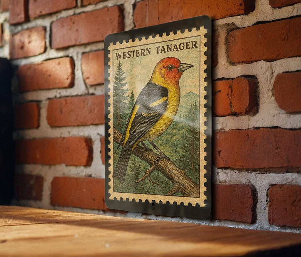 Western Tanager Vintage Stamp Style Metal Sign, Songbird Birdwatching Decor, Nature Cabin Lodge Wall Plaque — photo 3