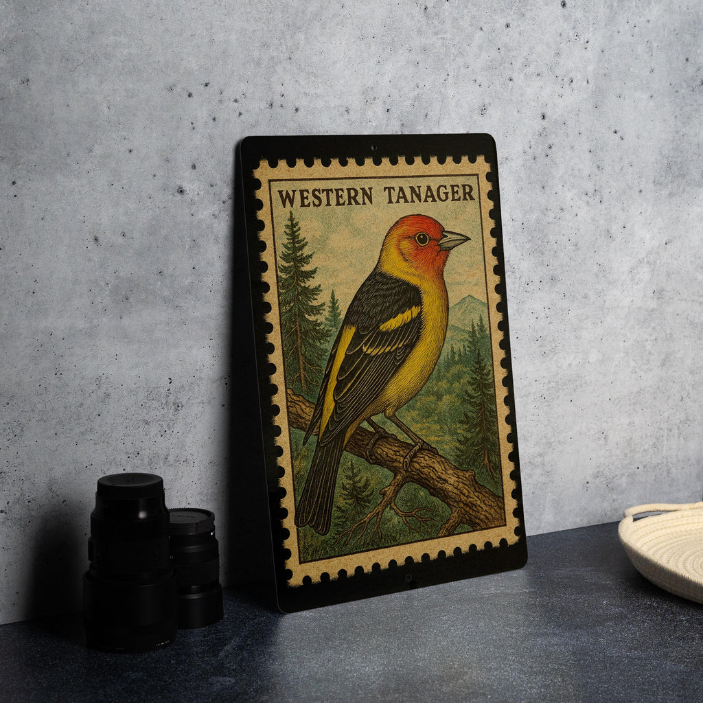 Western Tanager Vintage Stamp Style Metal Sign, Songbird Birdwatching Decor, Nature Cabin Lodge Wall Plaque — photo 4