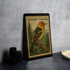 Western Tanager Vintage Stamp Style Metal Sign, Songbird Birdwatching Decor, Nature Cabin Lodge Wall Plaque — photo 4