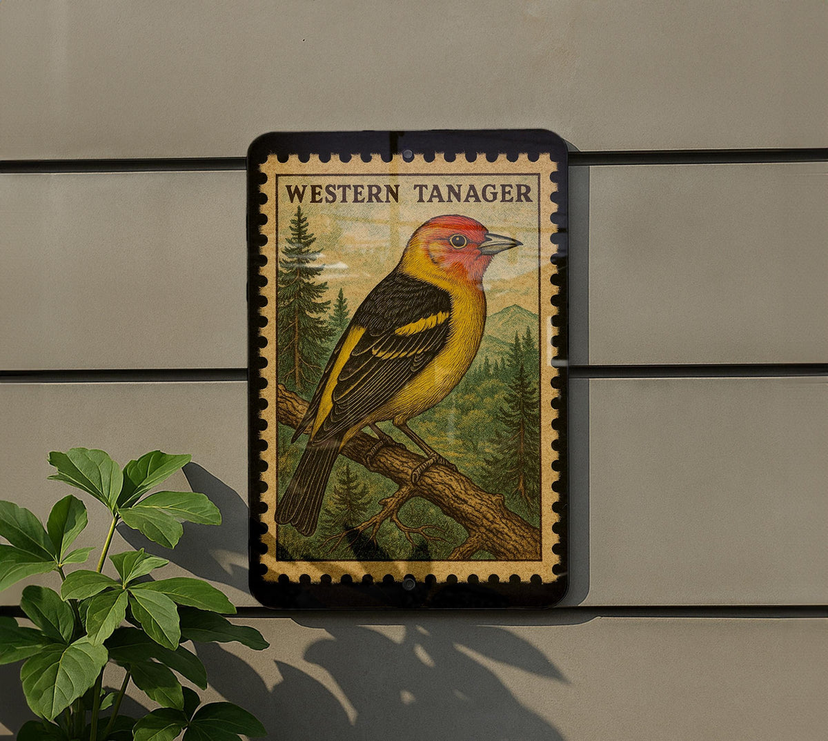 Western Tanager Vintage Stamp Style Metal Sign, Songbird Birdwatching Decor, Nature Cabin Lodge Wall Plaque — photo 5