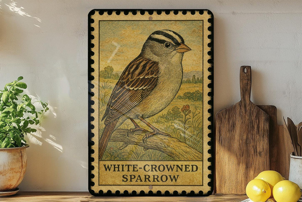 White-Crowned Sparrow Vintage Stamp Style Metal Sign, Bird Lover Decor, Songbird Wall Plaque, Nature Wildlife Gift — photo 1