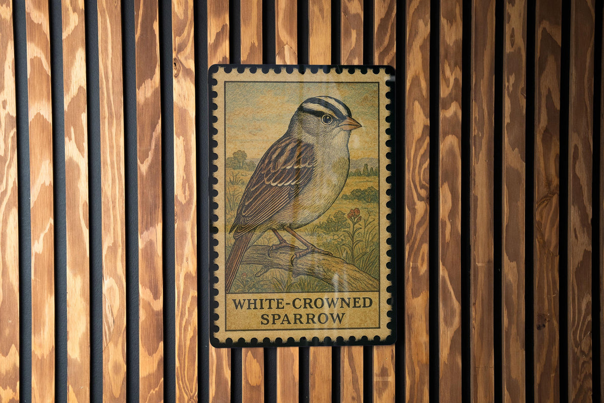 White-Crowned Sparrow Vintage Stamp Style Metal Sign, Bird Lover Decor, Songbird Wall Plaque, Nature Wildlife Gift — photo 2