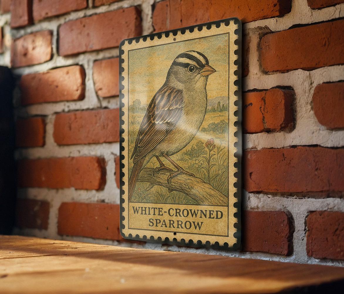 White-Crowned Sparrow Vintage Stamp Style Metal Sign, Bird Lover Decor, Songbird Wall Plaque, Nature Wildlife Gift — photo 3