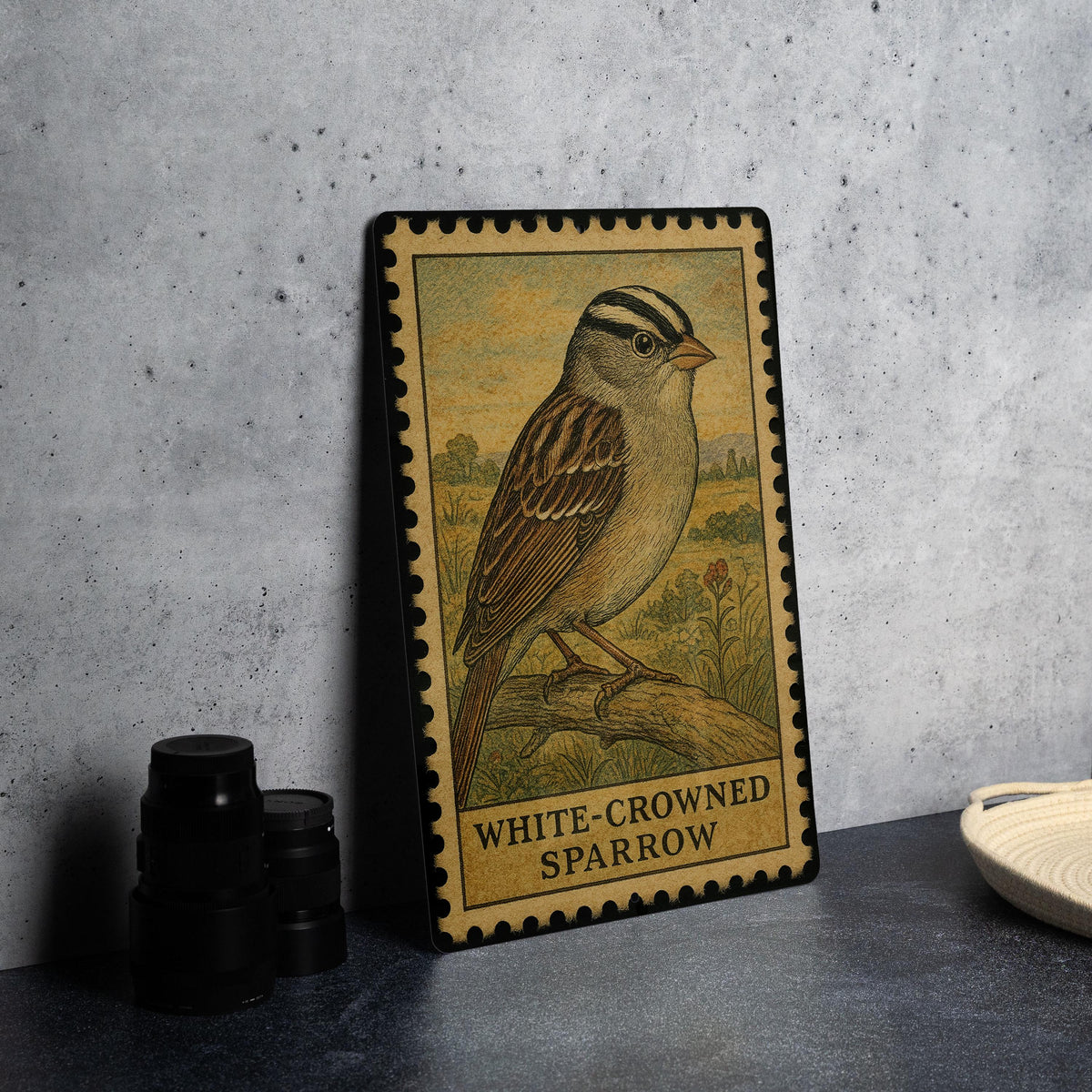 White-Crowned Sparrow Vintage Stamp Style Metal Sign, Bird Lover Decor, Songbird Wall Plaque, Nature Wildlife Gift — photo 4