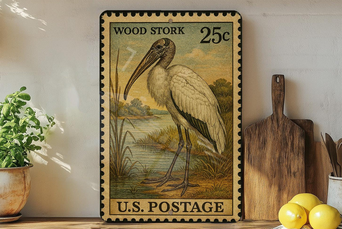 Wood Stork Vintage Stamp Style Metal Sign, Wading Bird Wildlife Decor, Coastal Wetland Bird Lover Gift, Nature Wall Sign — photo 1