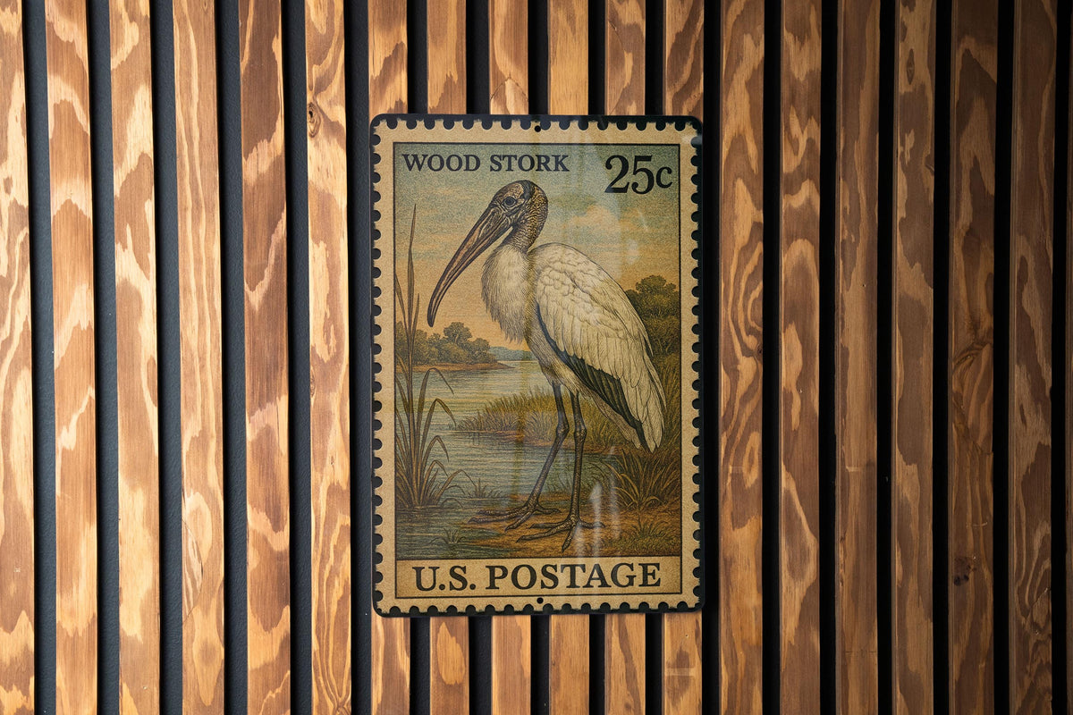 Wood Stork Vintage Stamp Style Metal Sign, Wading Bird Wildlife Decor, Coastal Wetland Bird Lover Gift, Nature Wall Sign — photo 2