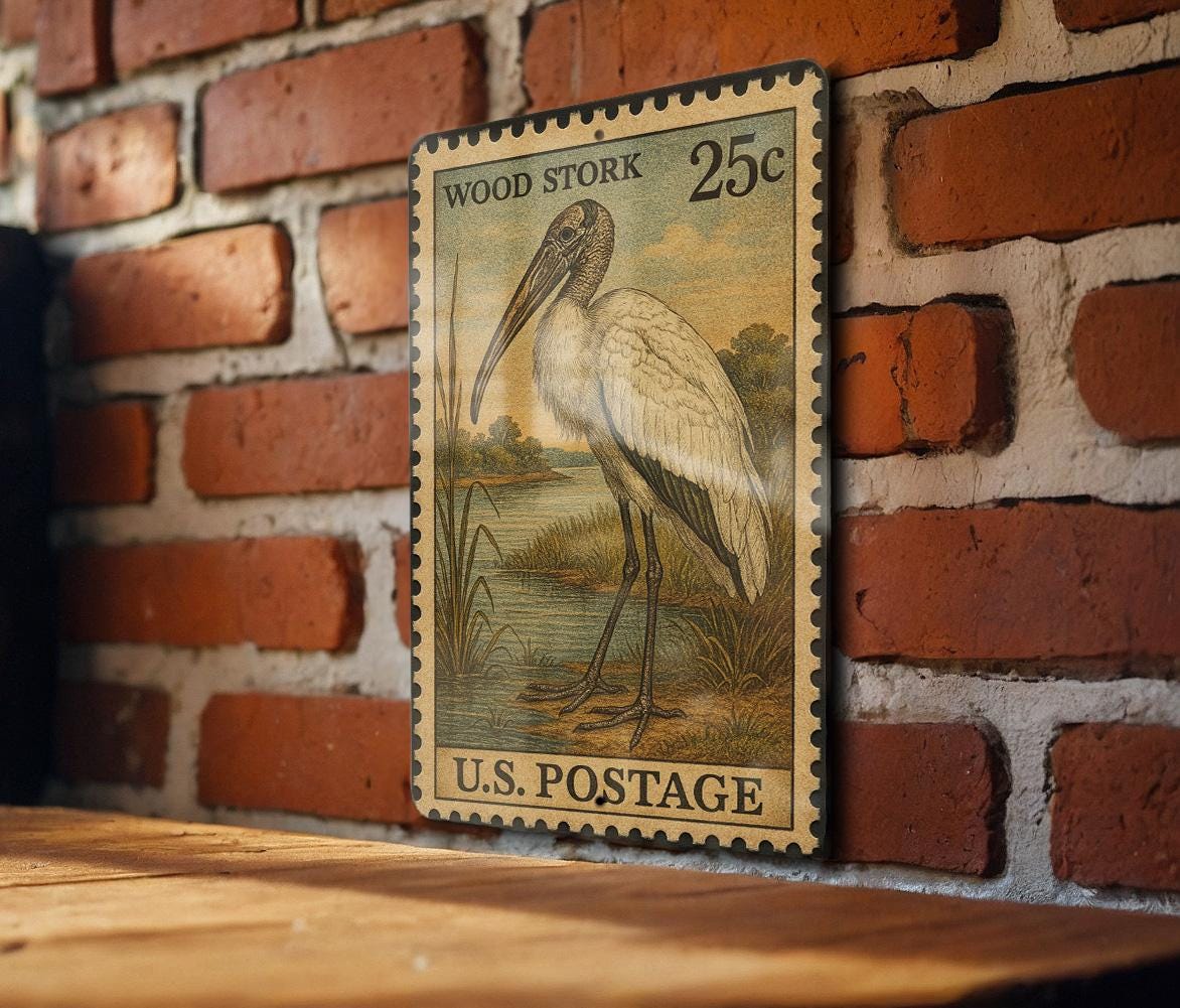Wood Stork Vintage Stamp Style Metal Sign, Wading Bird Wildlife Decor, Coastal Wetland Bird Lover Gift, Nature Wall Sign — photo 3