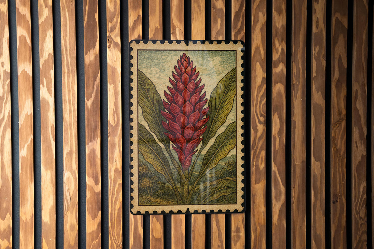 Ginger Flower Vintage Stamp Style Metal Sign, Botanical Garden Decor, Tropical Floral Wall Plaque, Nature Lover Gift — photo 1