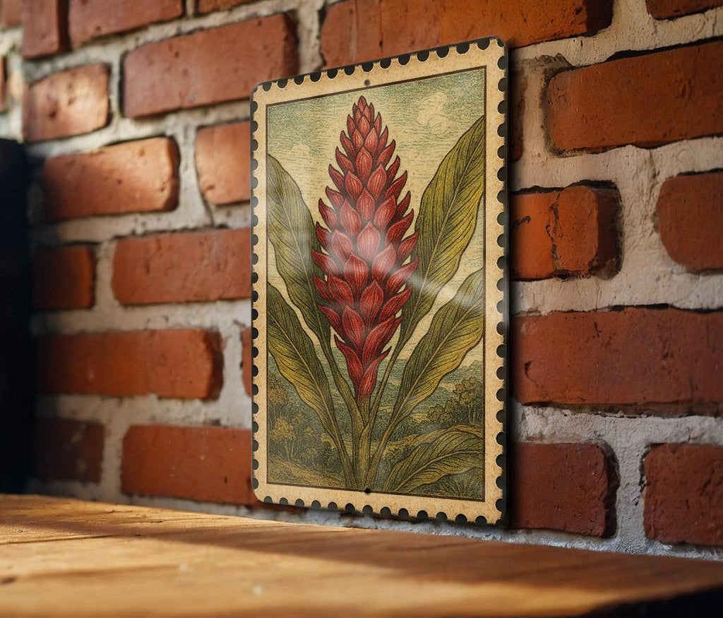 Ginger Flower Vintage Stamp Style Metal Sign, Botanical Garden Decor, Tropical Floral Wall Plaque, Nature Lover Gift — photo 2
