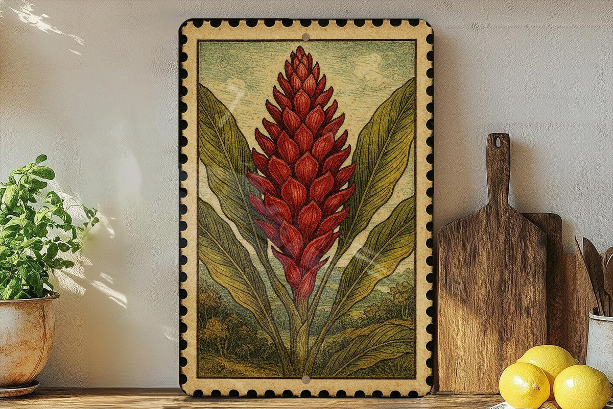 Ginger Flower Vintage Stamp Style Metal Sign, Botanical Garden Decor, Tropical Floral Wall Plaque, Nature Lover Gift — photo 3