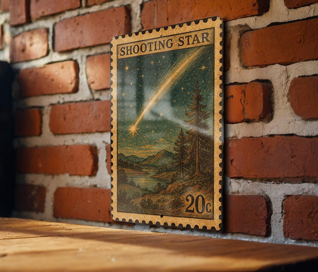 Shooting Star Vintage Stamp Style Metal Sign, Falling Star Night Sky Decor, Celestial Wall Hanging, Meteor Starburst Plaque — photo 1