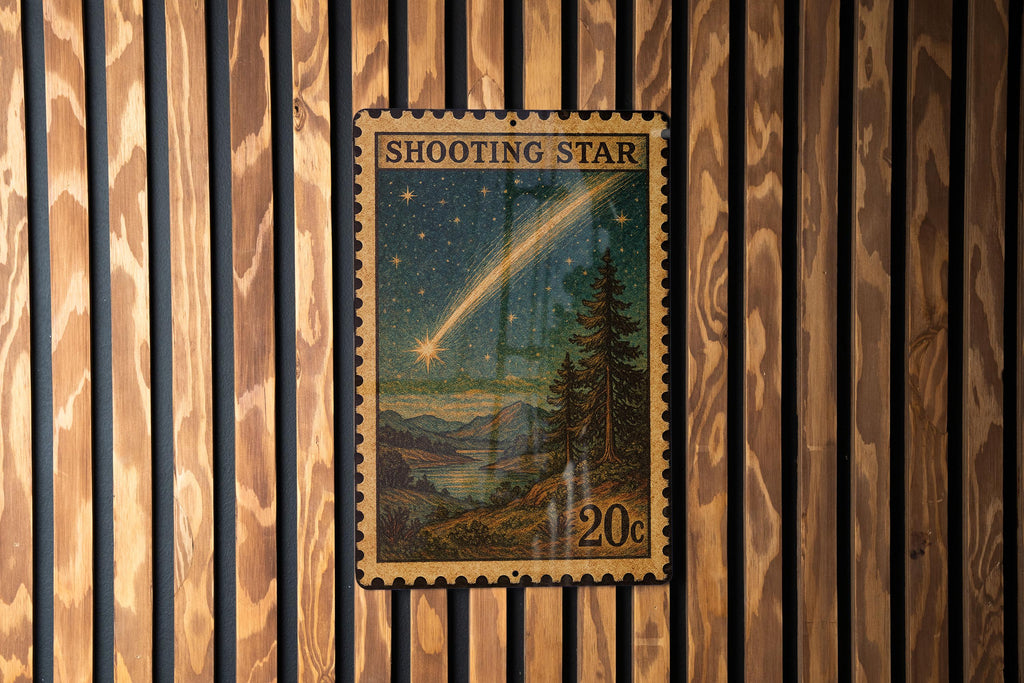 Shooting Star Vintage Stamp Style Metal Sign, Falling Star Night Sky Decor, Celestial Wall Hanging, Meteor Starburst Plaque — photo 2