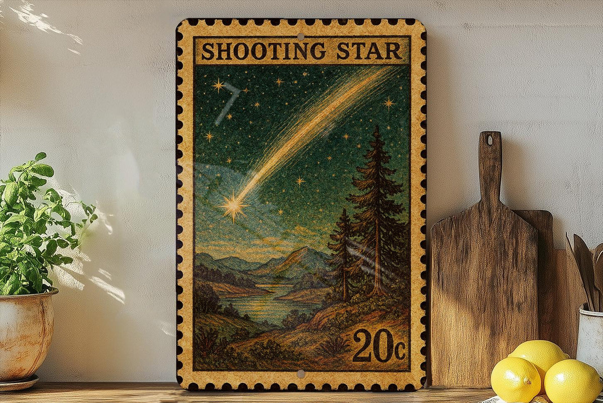 Shooting Star Vintage Stamp Style Metal Sign, Falling Star Night Sky Decor, Celestial Wall Hanging, Meteor Starburst Plaque — photo 3