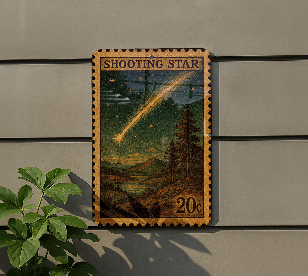 Shooting Star Vintage Stamp Style Metal Sign, Falling Star Night Sky Decor, Celestial Wall Hanging, Meteor Starburst Plaque — photo 5