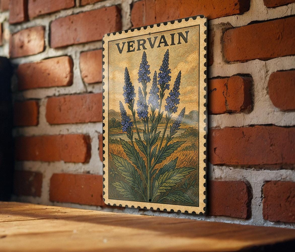 Vervain Blue Vintage Stamp Style Metal Sign, Botanical Vervain Flower Plaque, Garden Decor Wall Sign, Herbal Plant Sign — photo 1