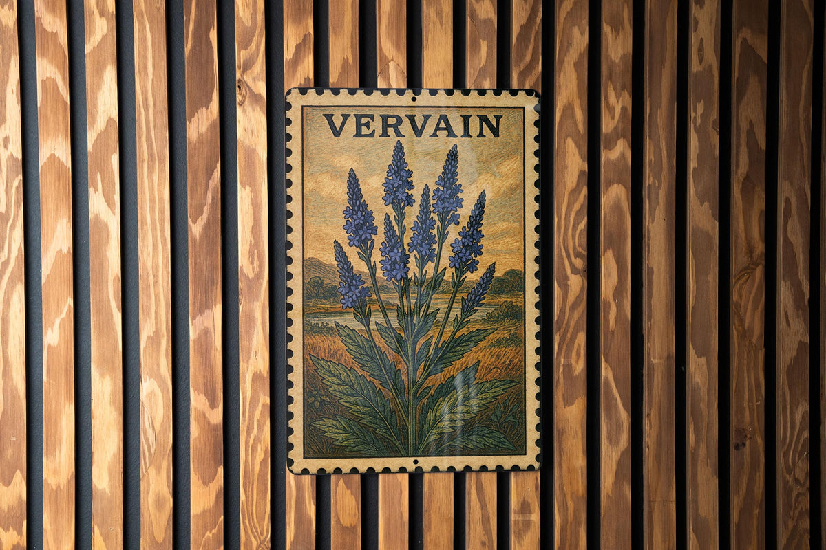 Vervain Blue Vintage Stamp Style Metal Sign, Botanical Vervain Flower Plaque, Garden Decor Wall Sign, Herbal Plant Sign — photo 3