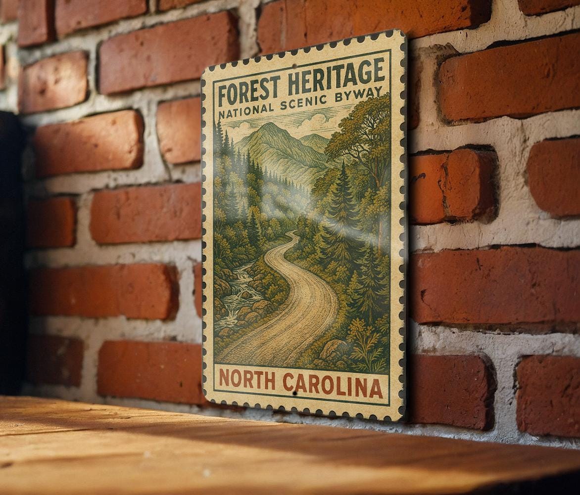 Forest Heritage National Scenic Byway North Carolina Vintage Stamp Style Metal Sign Travel Souvenir Road Trip Decor — photo 1
