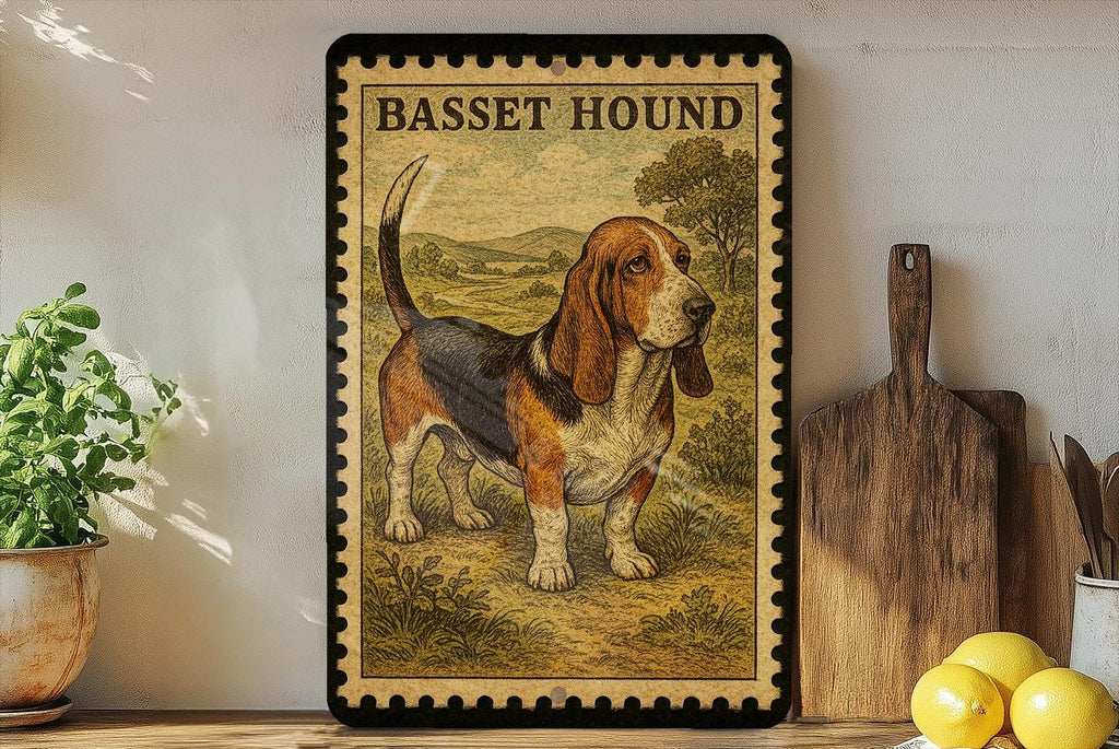 Vintage Stamp Style Basset Hound Tricolor Metal Sign, Basset Hound Dog Decor, Pet Lover Gift, Dog Wall Sign — photo 2