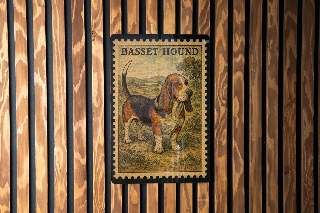 Vintage Stamp Style Basset Hound Tricolor Metal Sign, Basset Hound Dog Decor, Pet Lover Gift, Dog Wall Sign — photo 3