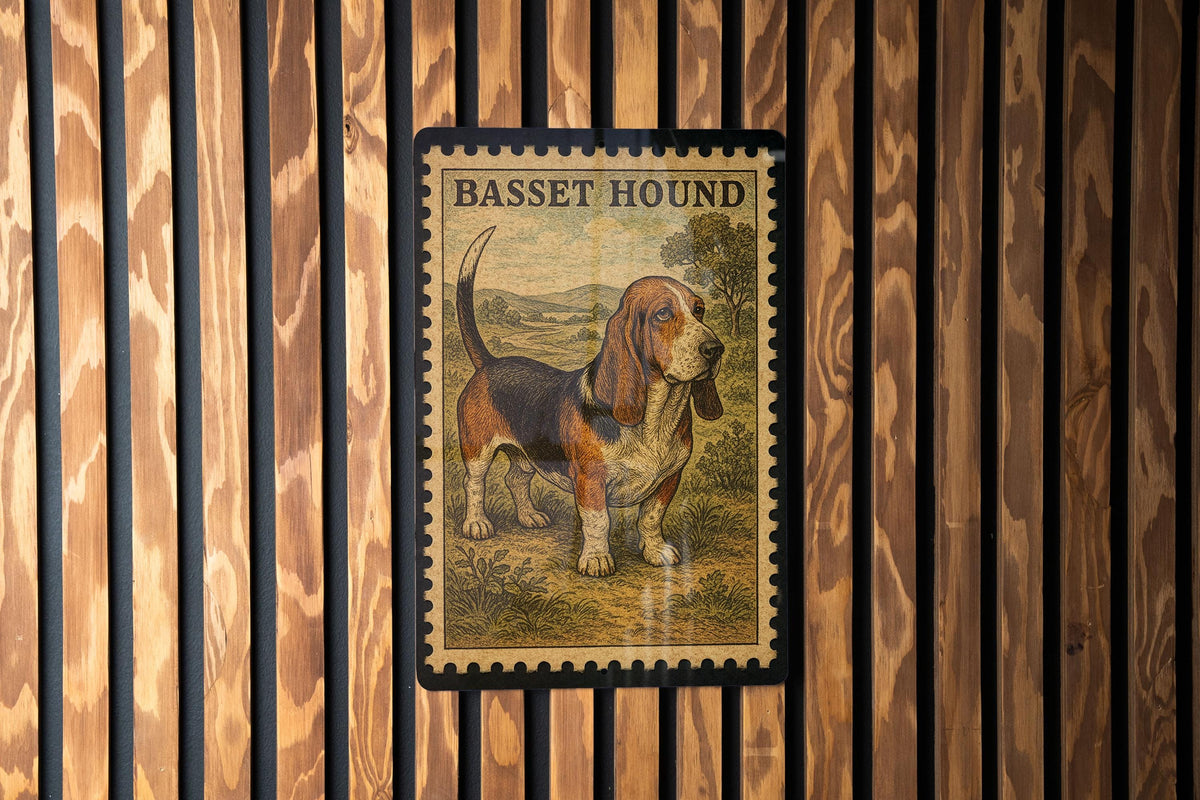 Vintage Stamp Style Basset Hound Tricolor Metal Sign, Basset Hound Dog Decor, Pet Lover Gift, Dog Wall Sign — photo 3