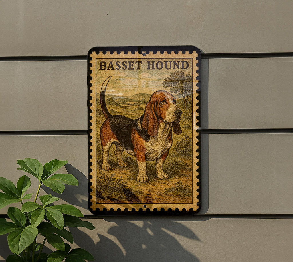 Vintage Stamp Style Basset Hound Tricolor Metal Sign, Basset Hound Dog Decor, Pet Lover Gift, Dog Wall Sign — photo 5