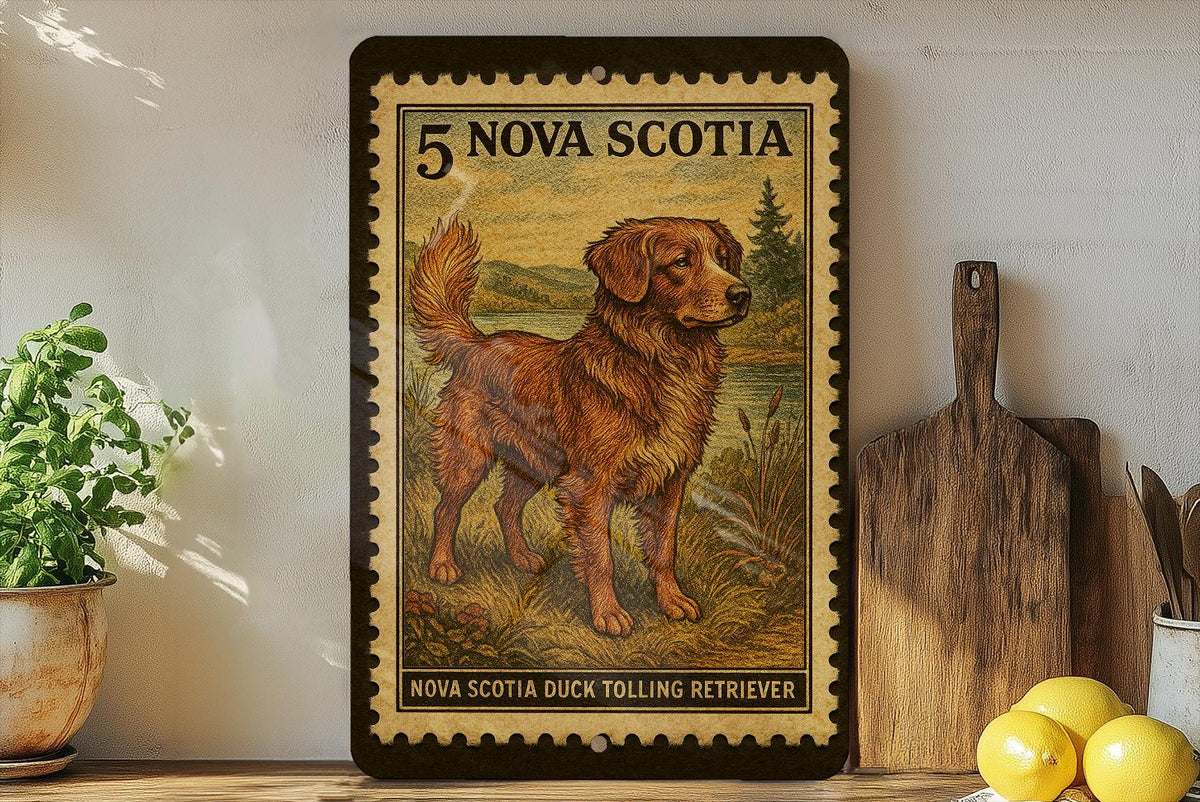 Nova Scotia Duck Tolling Retriever Vintage Stamp Style Metal Sign, Toller Dog Decor, Canadian Sporting Dog Gift — photo 1