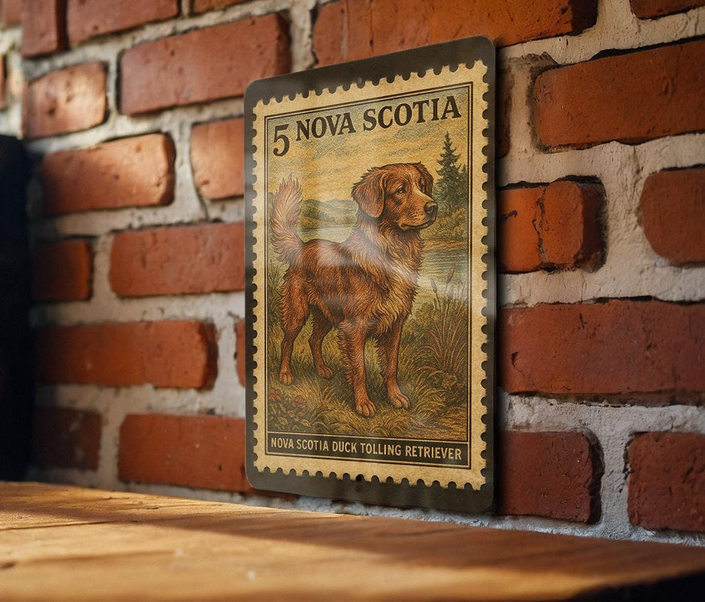 Nova Scotia Duck Tolling Retriever Vintage Stamp Style Metal Sign, Toller Dog Decor, Canadian Sporting Dog Gift — photo 2