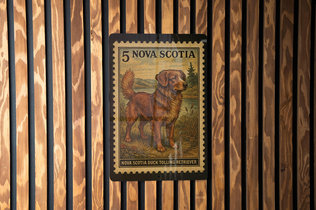 Nova Scotia Duck Tolling Retriever Vintage Stamp Style Metal Sign, Toller Dog Decor, Canadian Sporting Dog Gift — photo 3