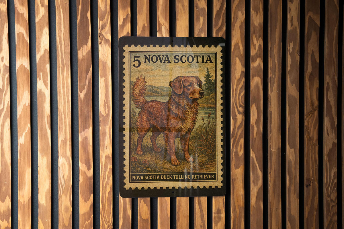 Nova Scotia Duck Tolling Retriever Vintage Stamp Style Metal Sign, Toller Dog Decor, Canadian Sporting Dog Gift — photo 3