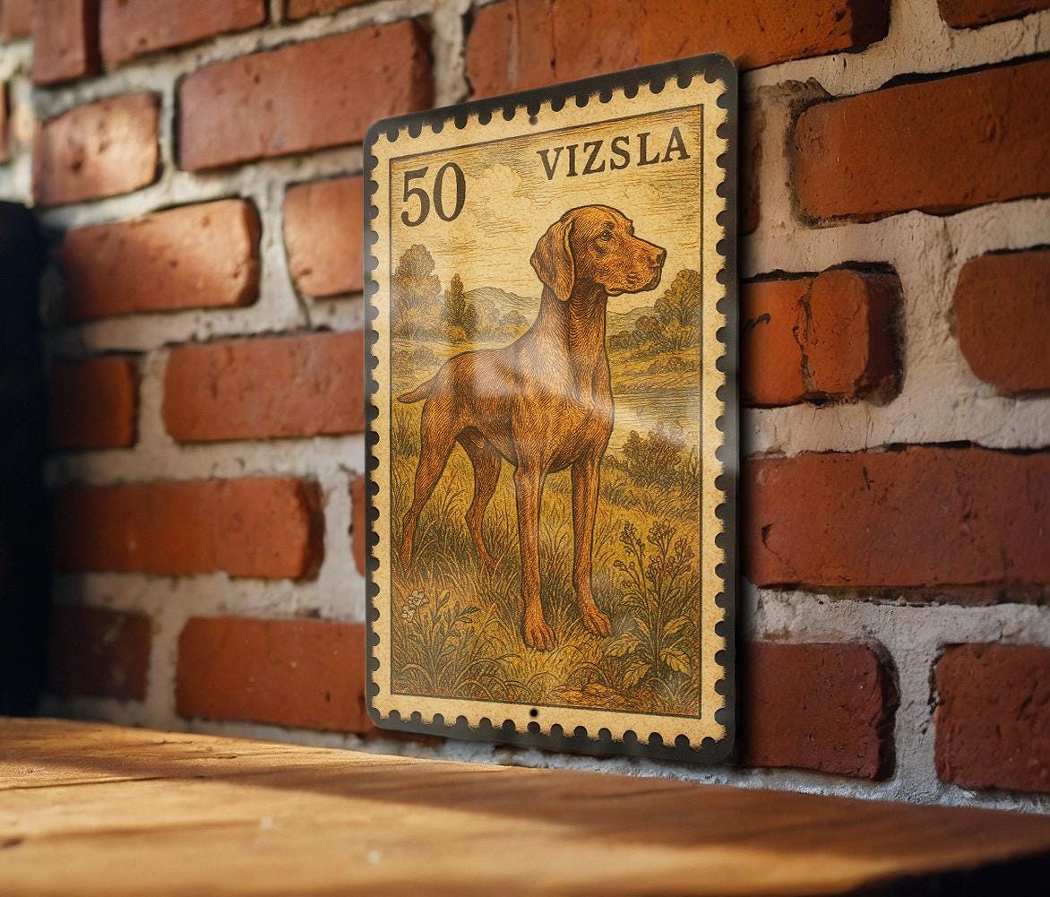 Vizsla Dog Vintage Stamp Style Metal Sign, Hungarian Vizsla Wall Decor, Hunting Dog Gift, Rustic Home Bar Garage Sign — photo 1