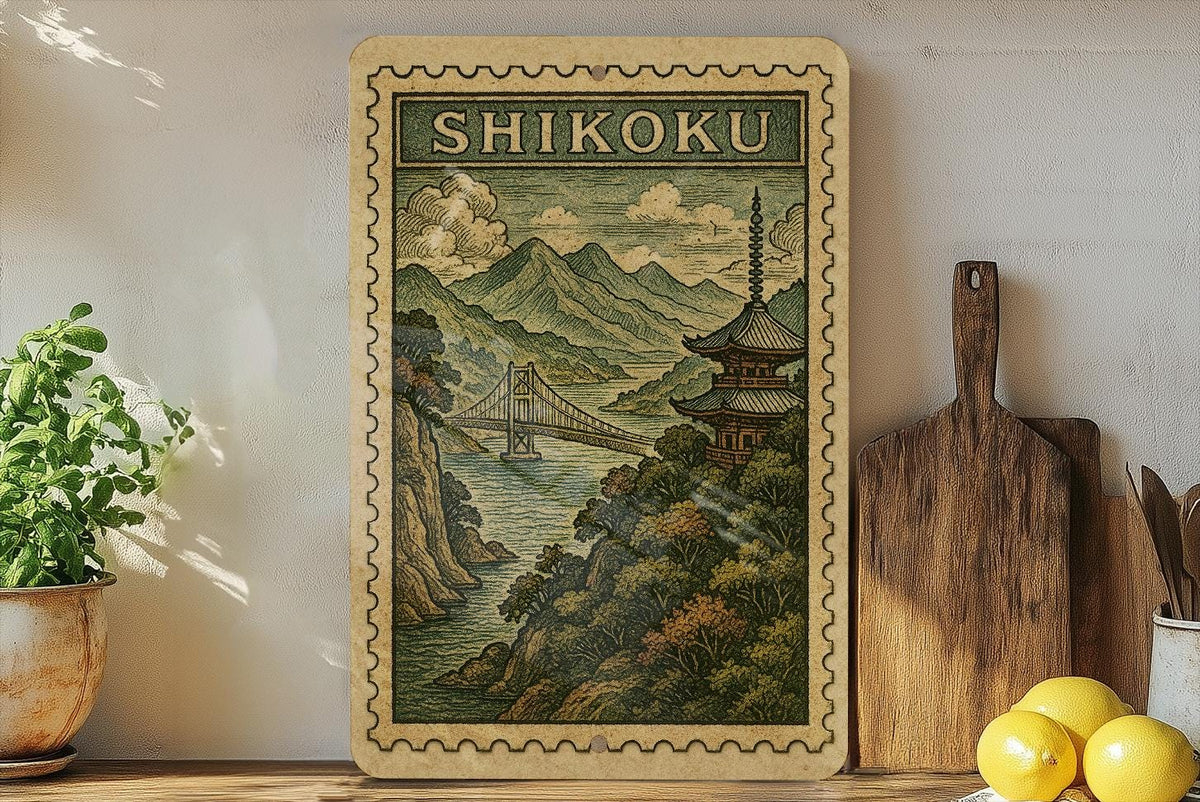 Shikoku Japan Vintage Stamp Style Metal Sign, Shikoku Island Travel Souvenir Decor, Japanese Map Landmark Wall Plaque — photo 1