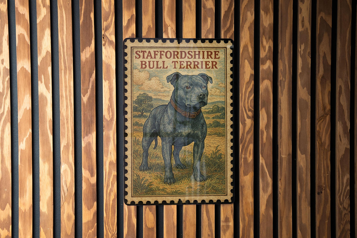 Vintage Stamp Style Staffordshire Bull Terrier Metal Sign, Staffy Dog Breed Decor Plaque, Terrier Lover Gift, Pet Wall Sign — photo 1