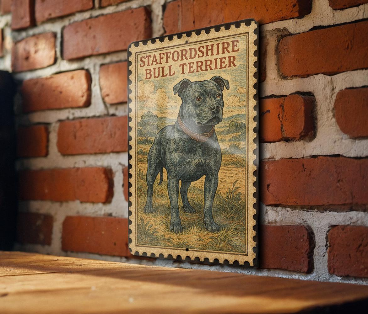 Vintage Stamp Style Staffordshire Bull Terrier Metal Sign, Staffy Dog Breed Decor Plaque, Terrier Lover Gift, Pet Wall Sign — photo 2