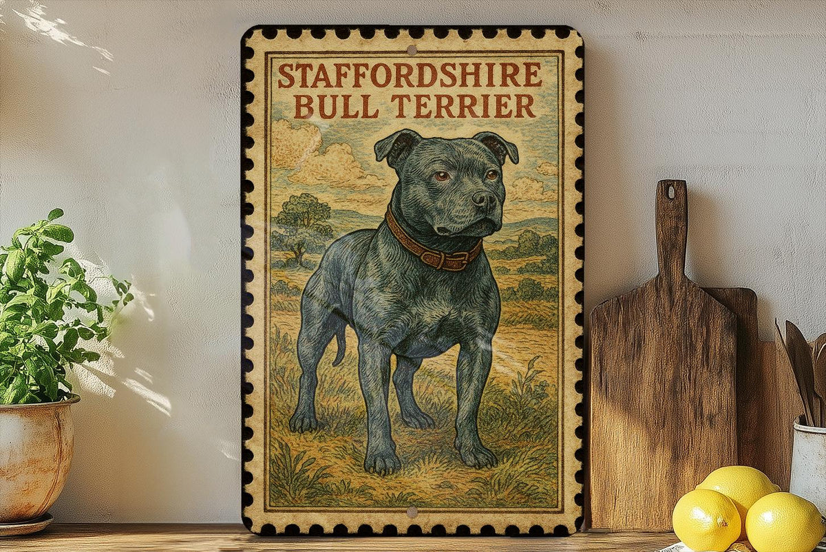 Vintage Stamp Style Staffordshire Bull Terrier Metal Sign, Staffy Dog Breed Decor Plaque, Terrier Lover Gift, Pet Wall Sign — photo 3