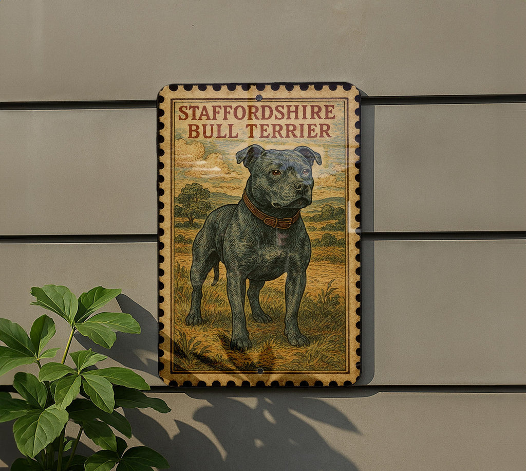 Vintage Stamp Style Staffordshire Bull Terrier Metal Sign, Staffy Dog Breed Decor Plaque, Terrier Lover Gift, Pet Wall Sign — photo 5