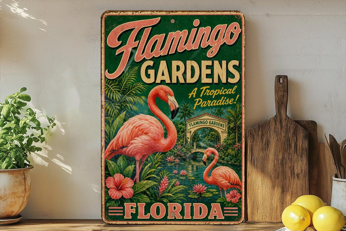 Flamingo Gardens Florida Vintage Style Metal Sign, Botanical Garden Souvenir Plaque, Florida Travel Decor, Flamingo Gardens Sign — photo 1