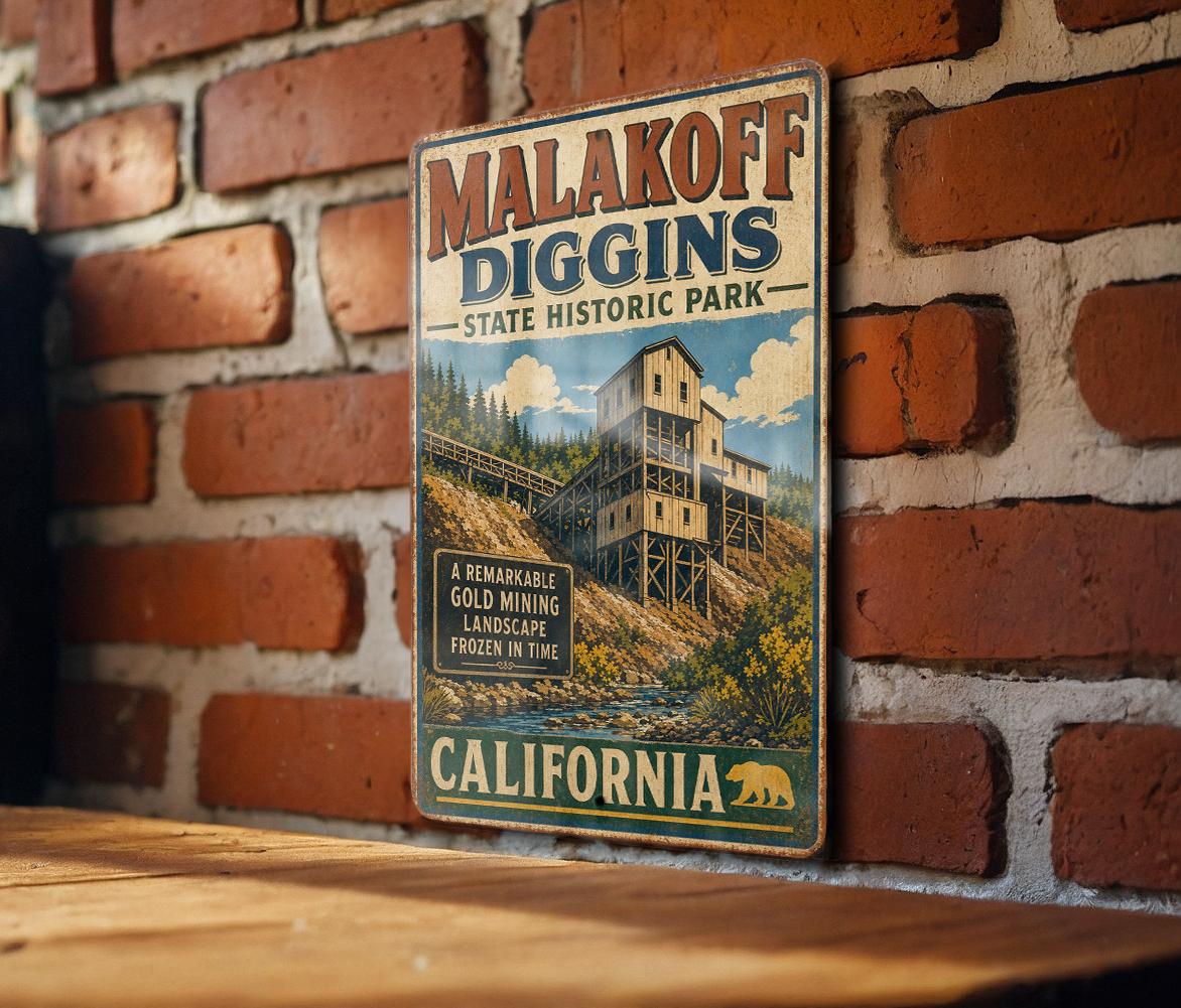 Malakoff Diggins State Historic Park California Vintage Style Metal Sign, Gold Rush Ghost Town Park Decor, Nevada County CA Gift — photo 1