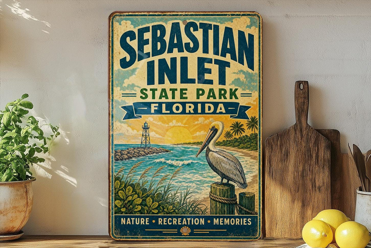 Sebastian Inlet State Park Florida Vintage Style Metal Sign, Coastal Park Souvenir Wall Decor, Beach Camping Travel Gift — photo 1