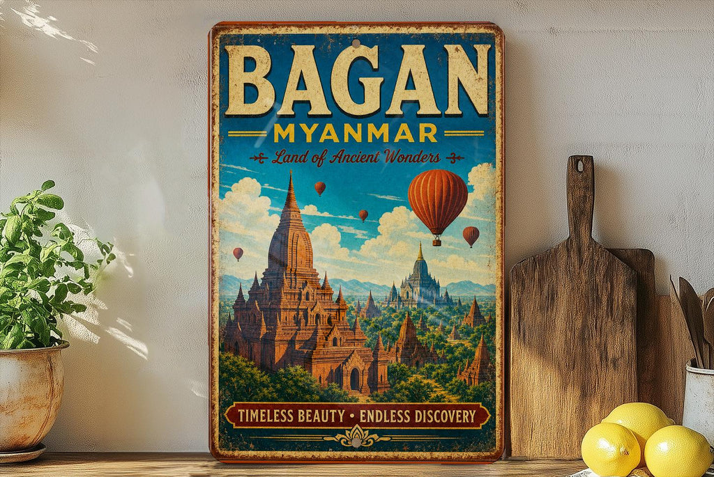 Bagan Myanmar Vintage Style Metal Sign, Ancient Temples Pagodas Landmark Travel Souvenir Wall Decor — photo 1